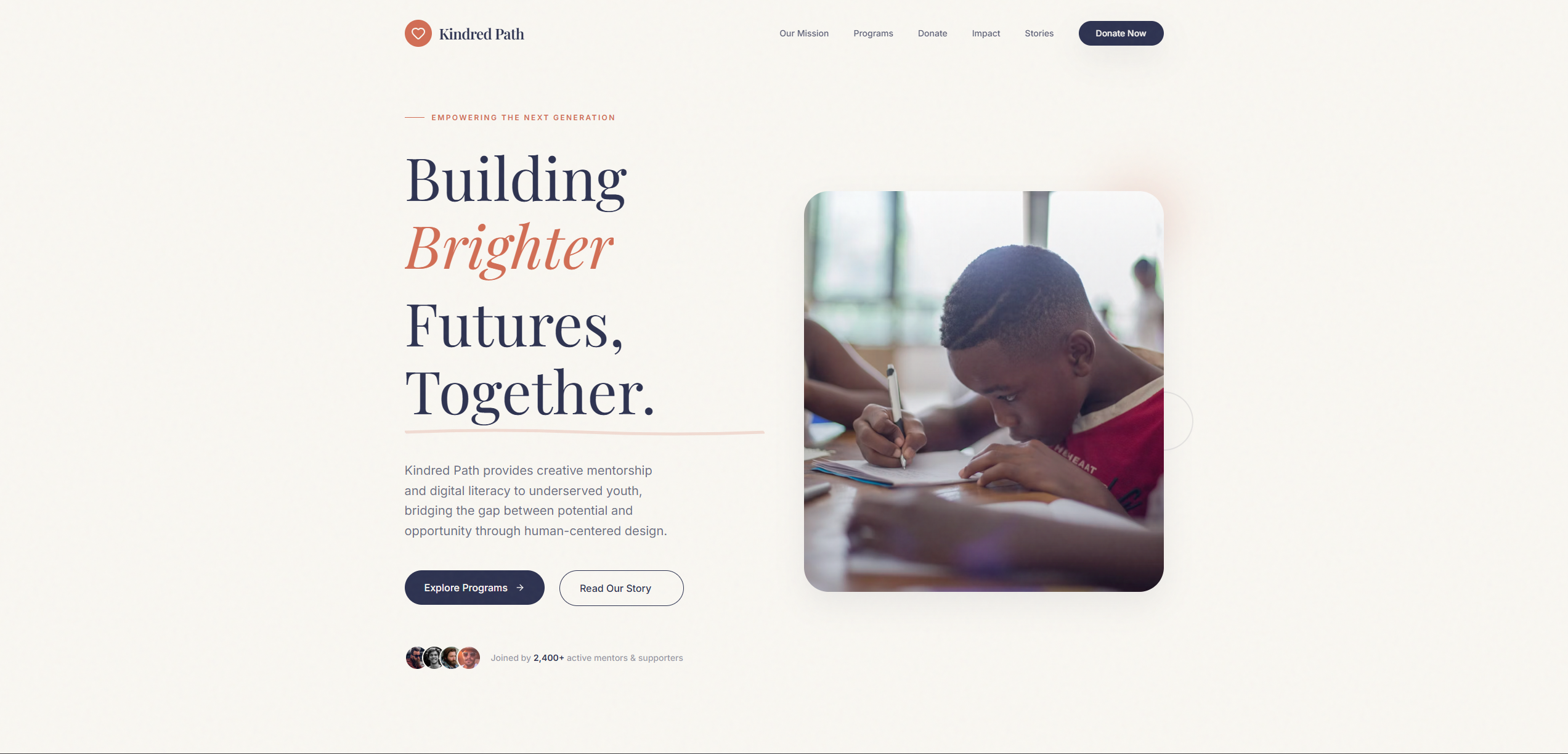 Sample nonprofit website example view.